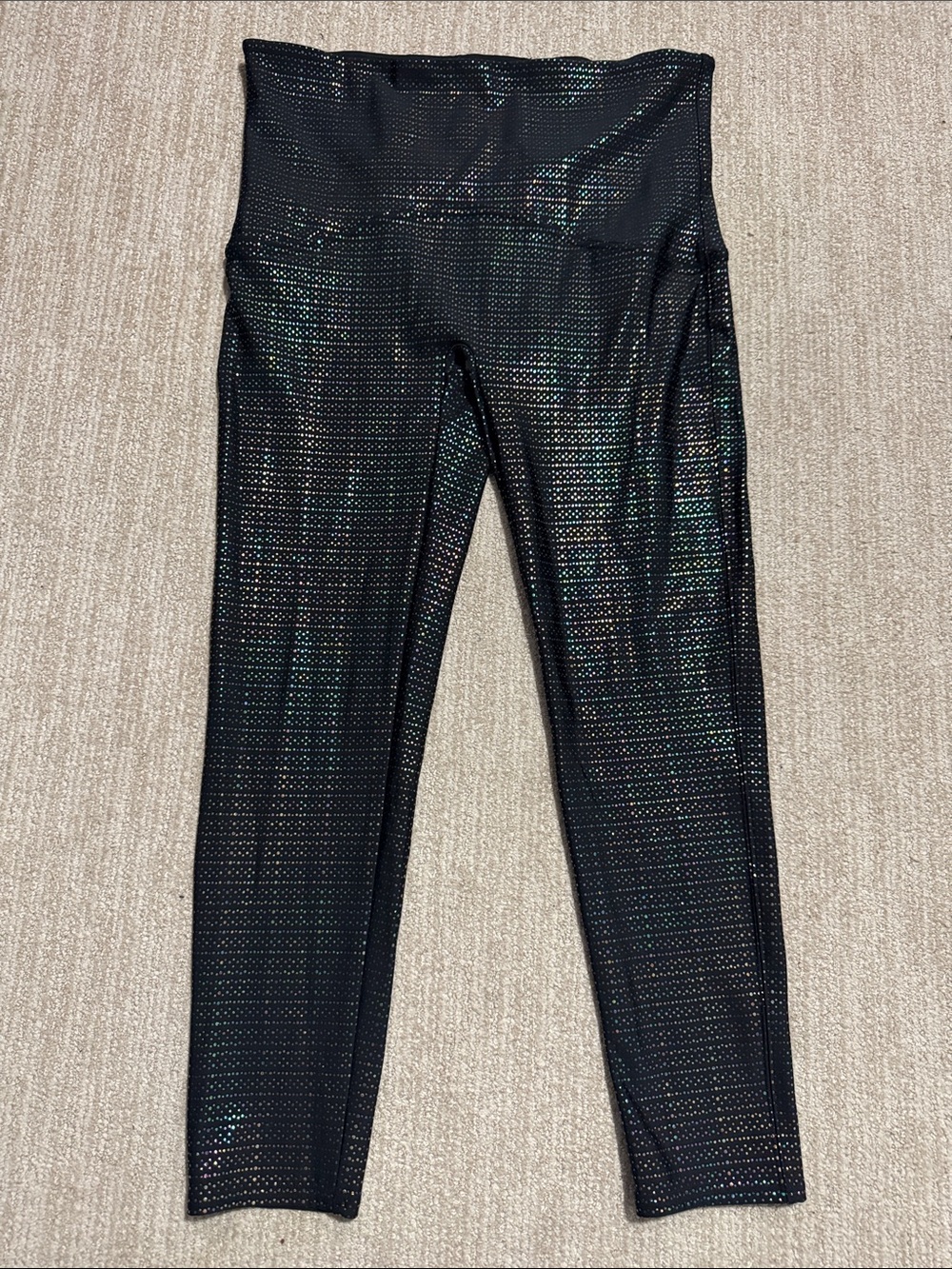 Spanx Womens XL Black Metallic Dot Print Active 7/8 Leggings High Rise Shimmer